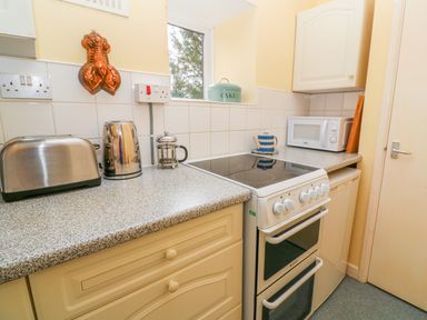 A kitchen with stove toaster kettle microwave and cabinets at Higher Lampra in Mullion