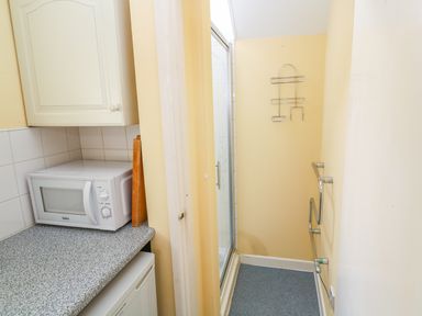 A narrow room with a microwave on a countertop and a shower enclosure in the corner at Higher Lampra in Mullion