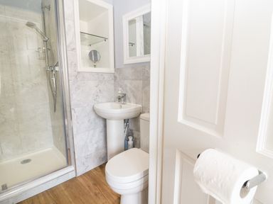 A small bathroom with a shower, toilet, pedestal sink, mirror, and toilet paper on the door at The Cottage at Broadway in Broadway