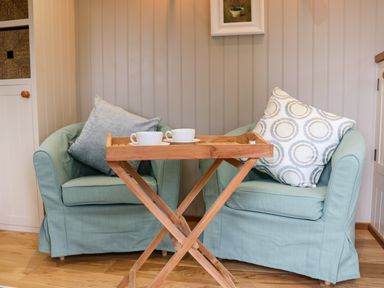 Two light blue armchairs with cushions and a wooden tray table with two cups in a room at Little Silver Leaf in High Bickington