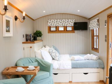 A small bedroom with a bed a turquoise armchair a wooden tray with cups and a wall-mounted television at Little Silver Leaf in High Bickington