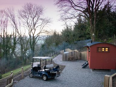 A small red cabin with smoke coming from the chimney and a golf cart parked nearby surrounded by trees and wooden fences at Little Silver Owl in High Bickington