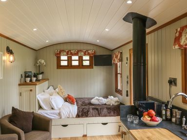 A small room with a bed a chair a kitchen counter with a fruit bowl and a stove pipe at Little Silver Owl in High Bickington