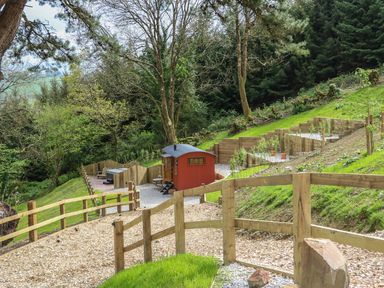 A wooden fenced pathway leading to a small red cabin on a hillside with trees and greenery at Little Silver Owl in High Bickington