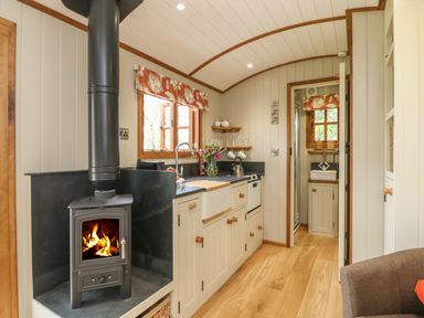 A compact kitchen with a wood stove and a sink next to a doorway leading to a small bathroom at Little Silver Owl in High Bickington