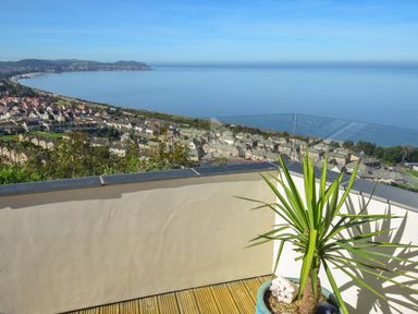 A balcony with a potted plant overlooking houses and a coastline at Sea-Prize View in Old Colwyn