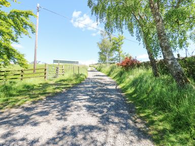 A gravel country road lined with trees and grass leading uphill with a gate and fence on the left and a barn in the distance at Dale View Cottage in Allendale near Hexham