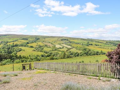 A countryside view with green fields trees and a wooden fence at Dale View Cottage in Allendale near Hexham