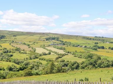 A rural landscape with green fields trees and scattered houses at Dale View Cottage in Allendale near Hexham
