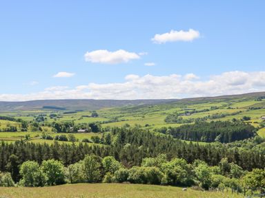 A rural landscape with fields trees and hills under a blue sky at Dale View Cottage in Allendale near Hexham