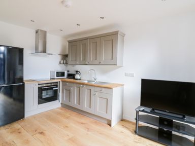 A kitchen with gray cabinets a black refrigerator a microwave oven a kettle and a television on a stand at Grange Barn in Gedding near Felsham