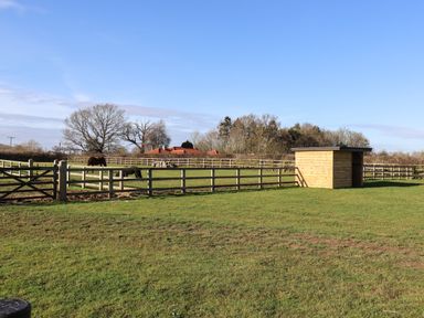 A fenced pasture with two horses and a small wooden shelter in a rural area at Grange Barn in Gedding near Felsham