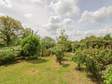 A garden with a wooden gate surrounded by bushes and trees at Priors Mead in Claydon near Cropredy