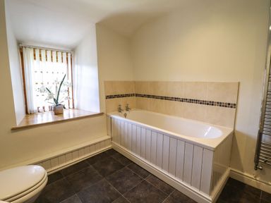 A bathroom with a bathtub a window with blinds and a flower pot and a toilet at Cwm Yr Afon Mawr in Llanbedr near Harlech