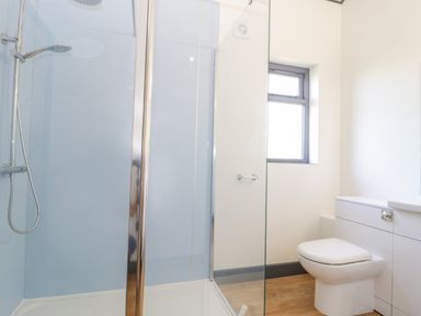 A bathroom with a glass shower enclosure a toilet and a window at Foxglove in Sticklinch West Pennard Glastonbury