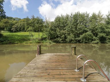A wooden dock with metal handrails extending over a pond surrounded by trees and grass at Foxglove in Sticklinch West Pennard Glastonbury
