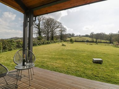 A covered wooden deck with two chairs and a small table holding a bottle and two glasses overlooking a grassy field with trees at Foxglove in Sticklinch West Pennard Glastonbury