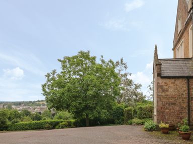 A gravel driveway with a large tree and potted plants next to a brick building at The Old Vicarage in Tiverton