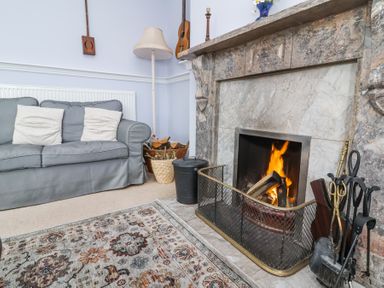A living room with a sofa next to a lit fireplace and a patterned rug on the floor at The Old Vicarage in Tiverton