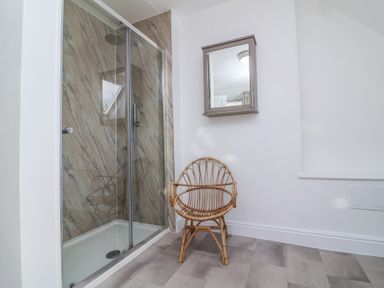 A bathroom with a glass shower enclosure wooden wall paneling a wicker chair and a wall-mounted mirror cabinet at The Old Vicarage in Tiverton