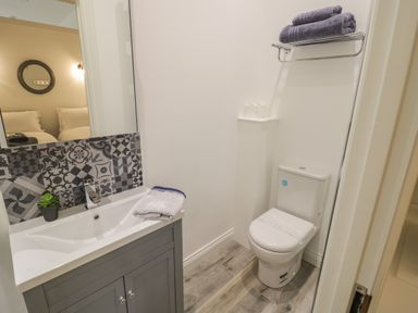 A small bathroom with a toilet and a sink with a mirror above it at The Barn in Droitwich Spa