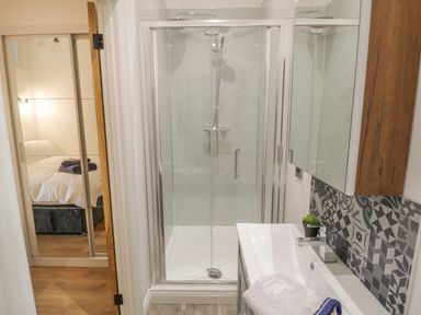A bathroom with a glass shower enclosure and a sink with a mirror cabinet above at The Barn in Droitwich Spa