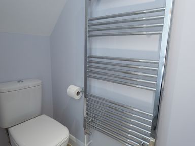 A bathroom with a white toilet a toilet paper holder and a chrome heated towel rail at Low Tide in Weymouth