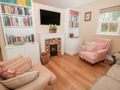 A living room with built in bookshelves a television above a fireplace and upholstered armchairs at The Garden Cottage in West Woodburn