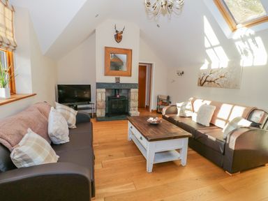 A sitting room with two couches a coffee table and a fireplace at Bwthyn Carregwen in Dwygyfylchi