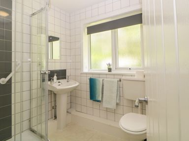 A bathroom with a pedestal sink a toilet a glass shower enclosure and two towels hanging at Tranquillity Rosecraddoc Lodge near Liskeard