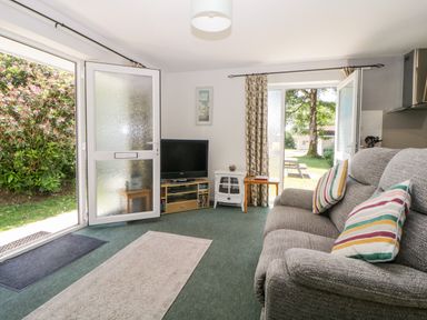 A living room with a grey sofa and striped cushions a television on a stand and open doors leading outside at Tranquillity Rosecraddoc Lodge near Liskeard