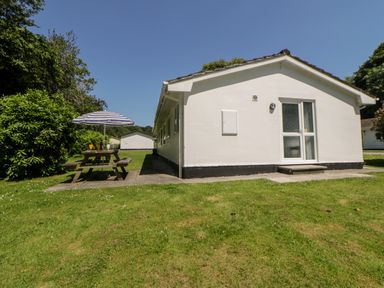 A white single-story building with a glass door and a picnic table with an umbrella on the grass at Tranquillity Rosecraddoc Lodge near Liskeard