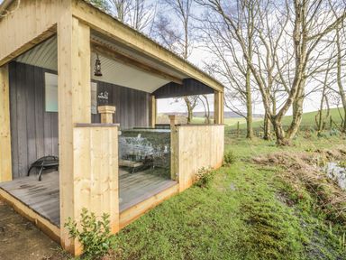 An outdoor wooden shelter with a hot tub and a small fire pit next to grassy land and trees at High Rigg Shepherd's Delight in Brampton Cumbria