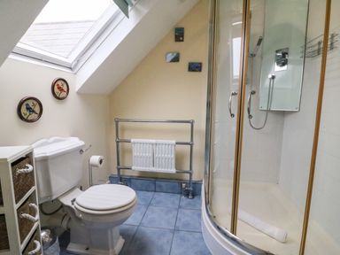 A bathroom with a toilet, shower enclosure, storage unit with baskets, and a window on the slanted ceiling at Brewers House in Weymouth