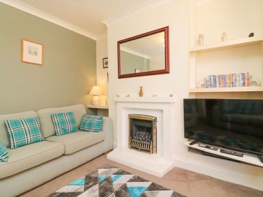 A living room with a sofa with patterned cushions a fireplace a wall mirror a television on a shelf and a collection of DVDs on built-in shelves at Brewers House in Weymouth
