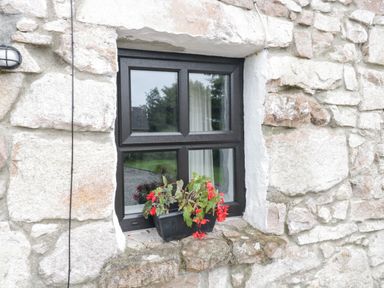 A stone wall with a black framed window and a flower pot with red flowers on the windowsill at An Teach Ban in Rossaveel County Galway