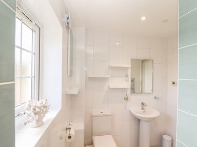 A bathroom with a toilet, pedestal sink, mirror, shelves, and window with coral decor at Kober House in Mullion