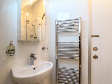 A bathroom sink with a faucet soap dispenser mirror and heated towel rail at Kober House in Mullion