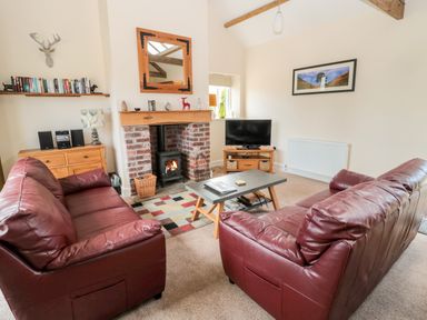 A living room with two red leather sofas a coffee table and a fireplace at Hemmel Cottage in Chatton