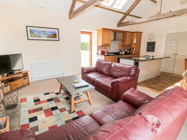 A living room with red leather sofas a coffee table a colorful rug a television and a kitchen area at Hemmel Cottage in Chatton