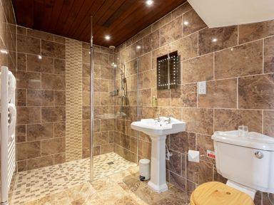 A bathroom with a shower area a pedestal sink and a toilet at Bayview Terrace in Lynton