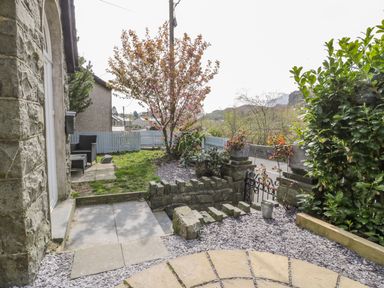 A garden area with stone steps shrubs flowering tree and a blue picket fence at Horeb Chapel House in Tanygrisiau