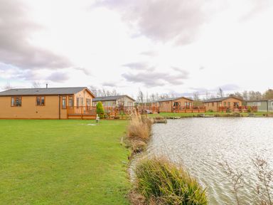 A row of wooden lodges on grassy land beside a body of water at Lake View Lodge in Marston near Barkston