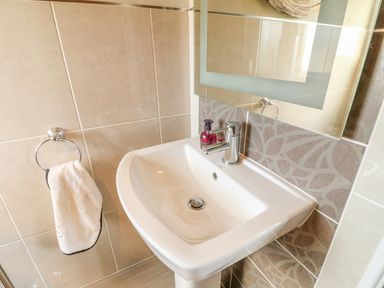 A bathroom sink with a faucet soap dispenser and hand towel on a ring at Lake View Lodge in Marston near Barkston