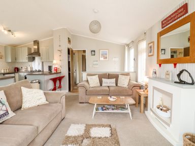 A living room with two beige sofas a wooden coffee table and a fireplace at Lake View Lodge in Marston near Barkston