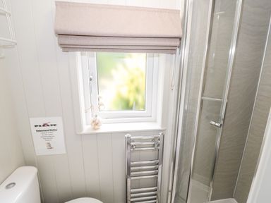 A bathroom with a toilet, a small window with a blind, a chrome towel warmer, and a glass-enclosed shower at Hydrangea in Bretforton