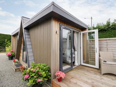An outdoor view of a small modern wooden building with glass doors and potted flowers on a wooden deck at Hydrangea in Bretforton