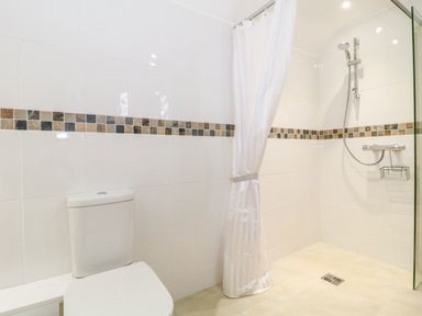 A bathroom with a toilet and a walk in shower with a white curtain and tiled walls at Shippon Barn in Yeovil