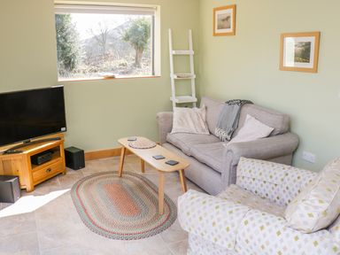 A living room with sofa armchair coffee table TV and window at Black Cat Bach in Gilwern