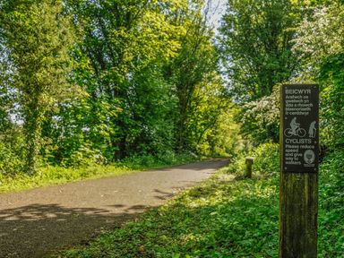 A paved path in a wooded area with a signpost instructing cyclists to reduce speed and give way to walkers at Black Cat Bach in Gilwern